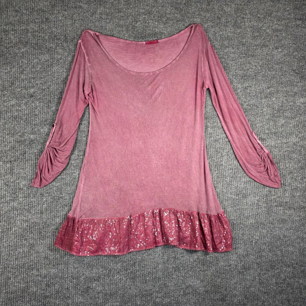Scandal Made in Italy Boho Tunic Top Womens Med‎ Pink Sequin Hem Ruched Sleeve